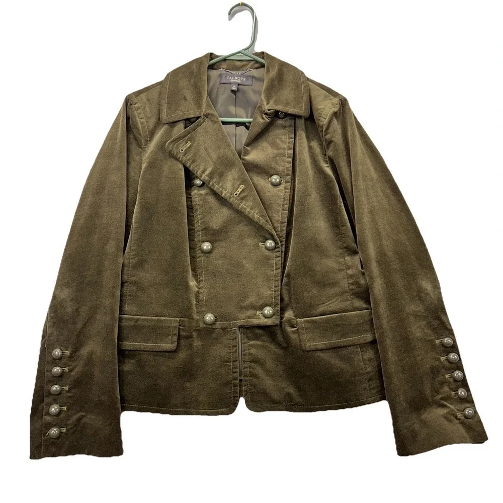 Talbots Velvet Military Button Jacket‎ Blazer Olive Green Womens 10 Quiet Luxury